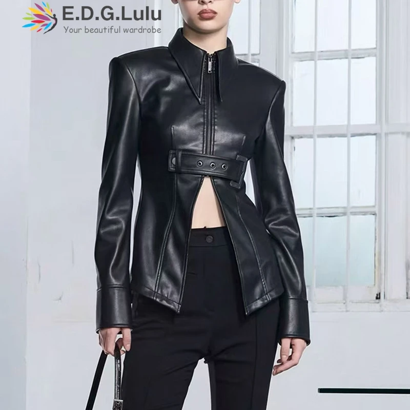 

EDGLuLu, осень 2024, модная уличная кожаная куртка с воротником-стойкой и молнией, женская облегающая черная куртка с длинными рукавами 0922