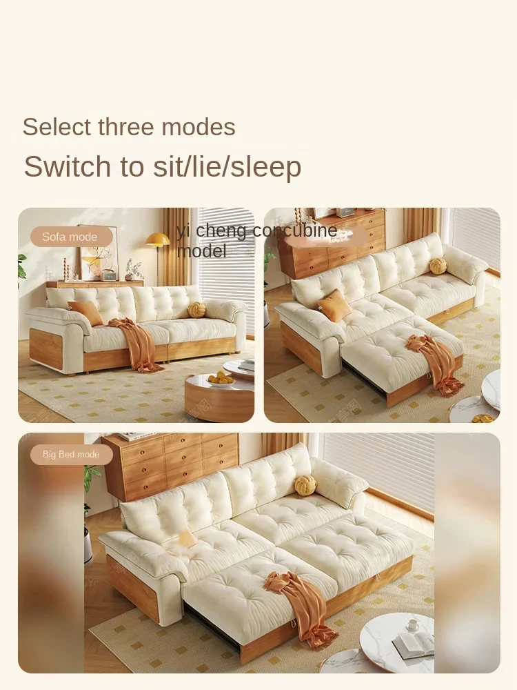ZZc Solid Wood Sofa Bed Foldable Dual-Purpose Log Style Living Room Small Apartment Cloth Sofa