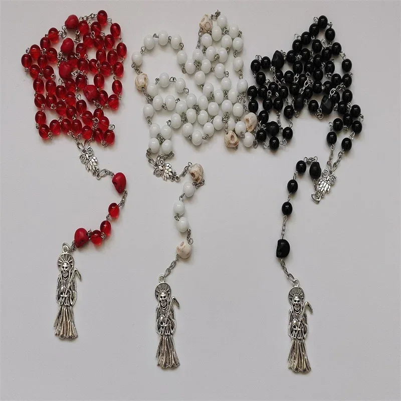 

Молитвенная четки Santa Muerte | 8 мм прозрачные красные фарфоровые белые черные стеклянные бусины четки ожерелье | Ювелирные изделия Death Reaper