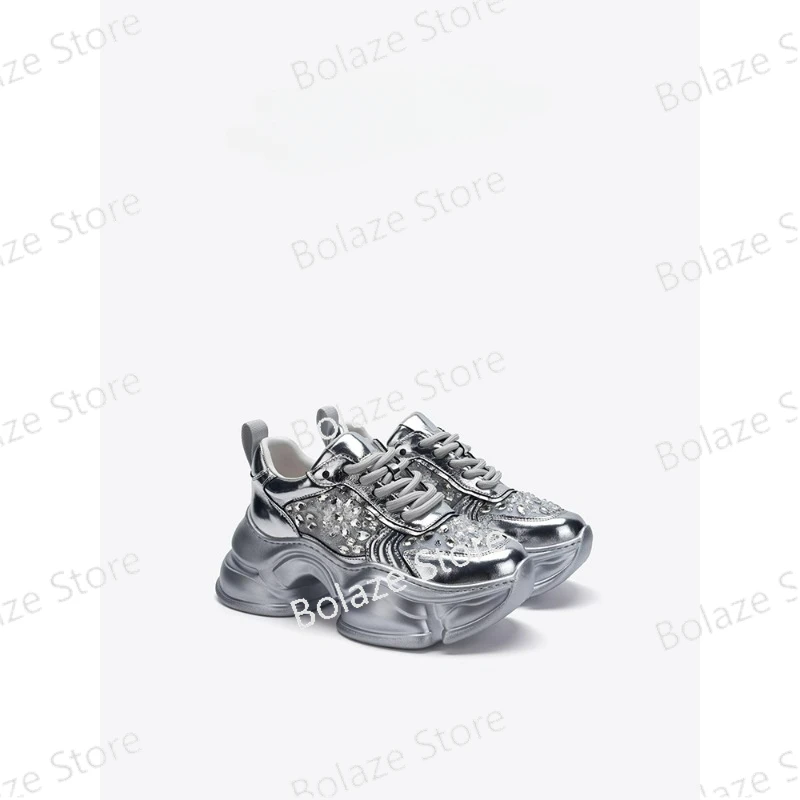 2024 spring/summer silver round head rhinodrill net surface within 7 cm increase casual fashion daddy shoes woman