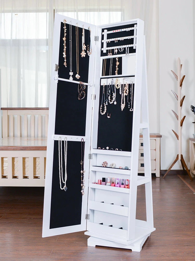 Rotating floor standing dressing mirror, full body mirror, minimalist jewelry storage cabinet, storage cabinet, multifunctional