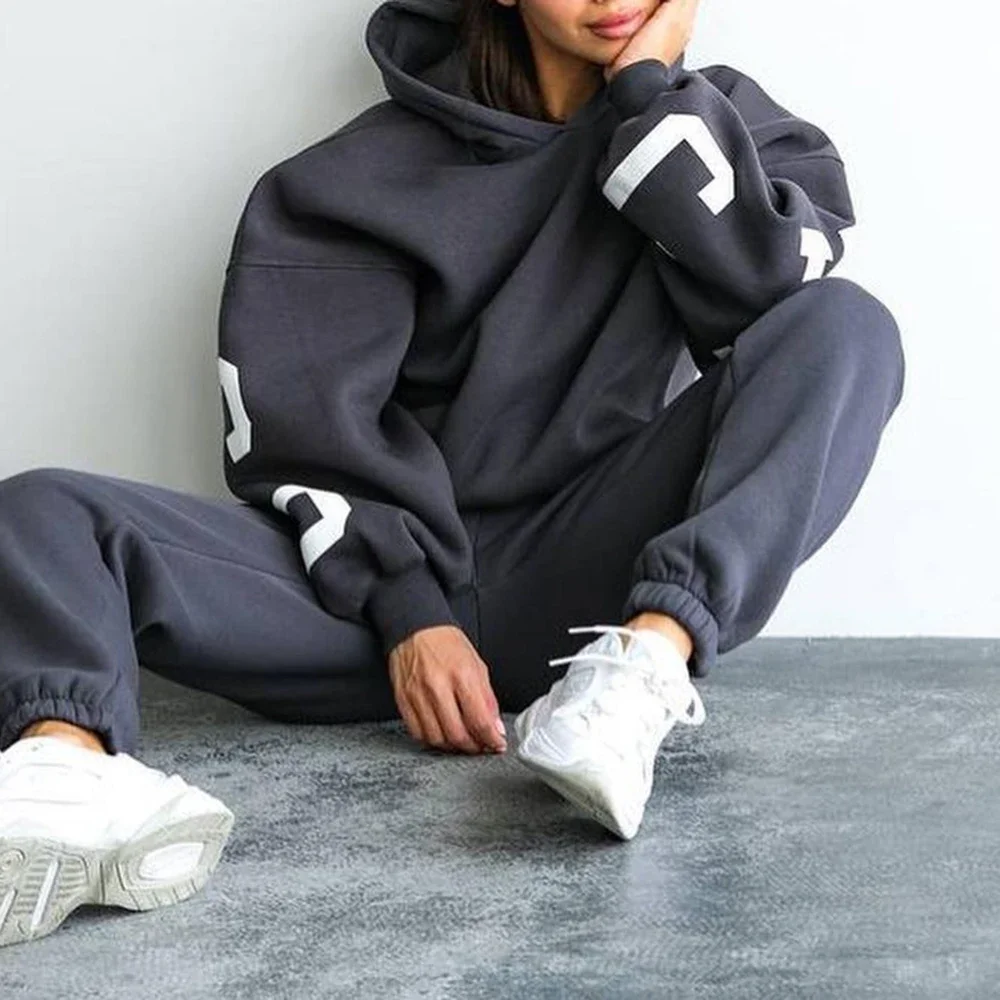 レディースセット オールシーズン シンプル 上品 長袖 ラウンドネック ナチュラルウエスト フルレングス レタープリント フード付き スポーティ レディースセット