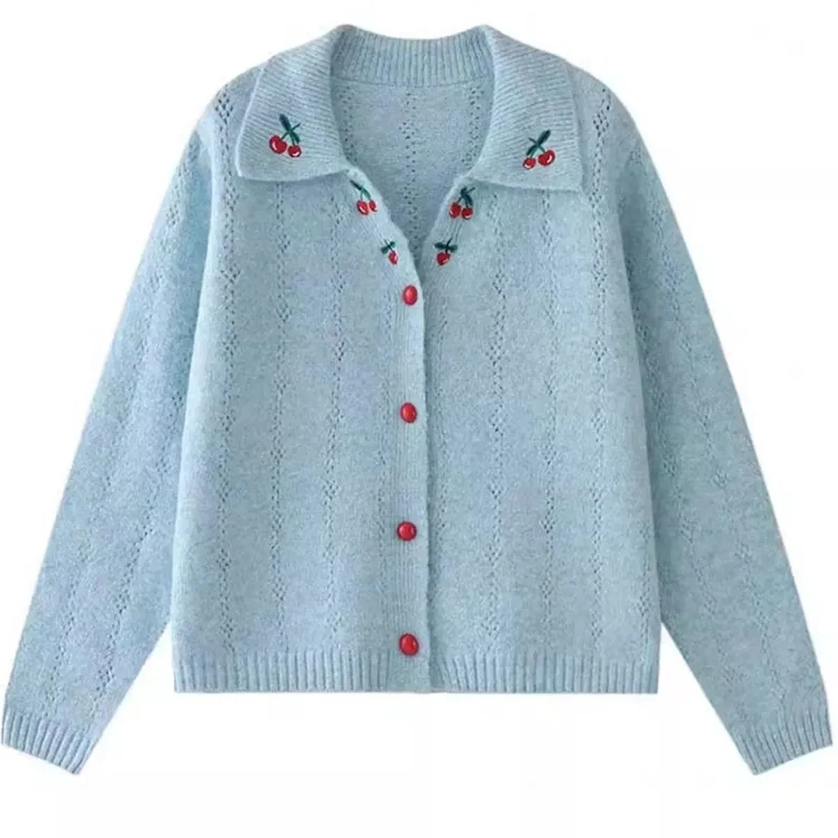 

Embroidered Cherry Sweater Jacket For Women 2025 Autumn New Gentle Wind Collar Fashion Versatile Knitted Cardigan Short Jacket