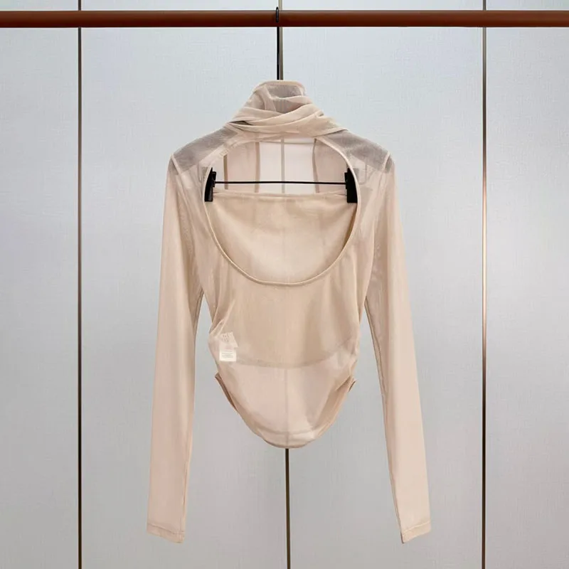 Women's Scarf-Neck Tank Top, Long-Sleeve Fitted Top, High-Quality Mesh T-Shirt, 2026, New Arrival, Y2K, Corset