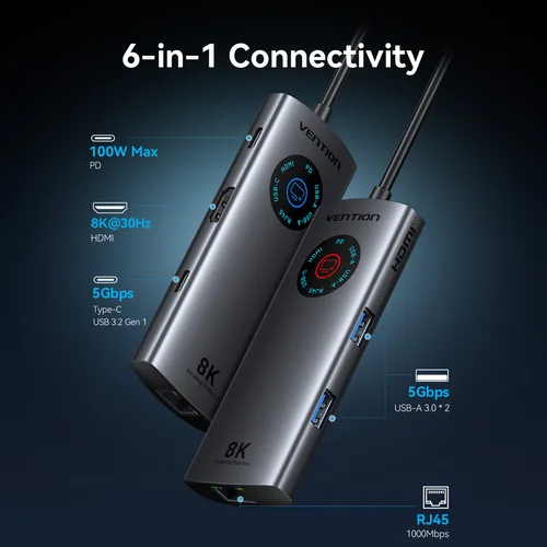 Imagen 2 del producto Vention USB C 8K 4K HDMI HUB pantalla Led USB A C 3,0 3,2 Gen1 Ethernet 1000Mbps adaptador para MacBook iPad HP Dell Samsung portátil