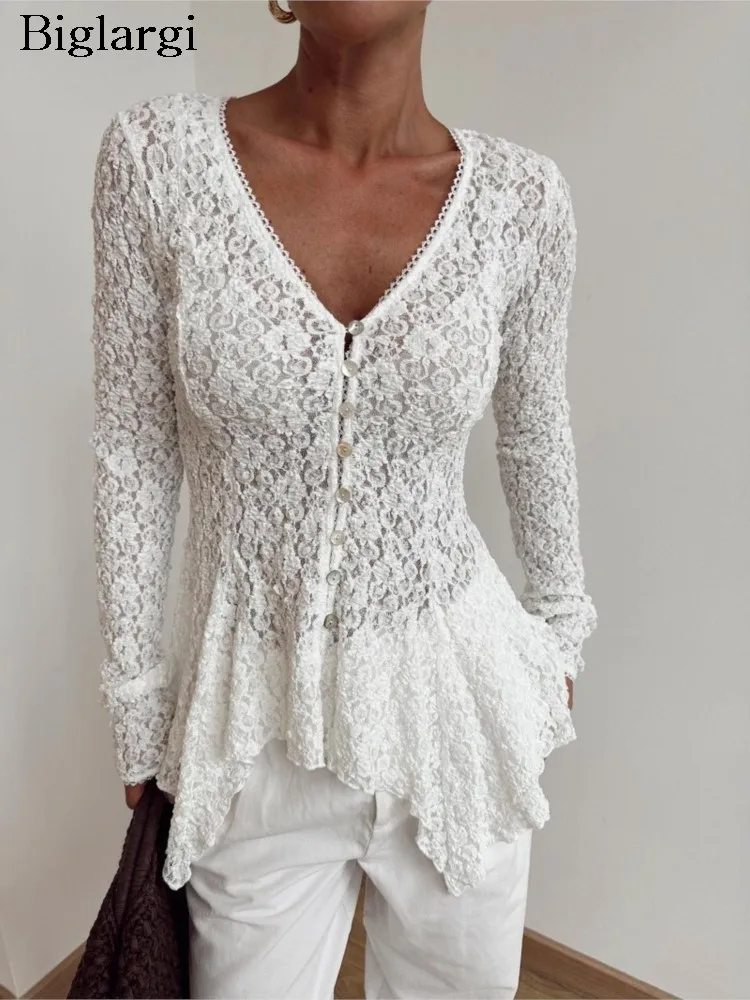 

Autumn Lace Sexy V-Neck Tops Women Slim Bodycon Fashion Irregular Ruffle Pleated Ladies Blouses Long Sleeve Woman Tops