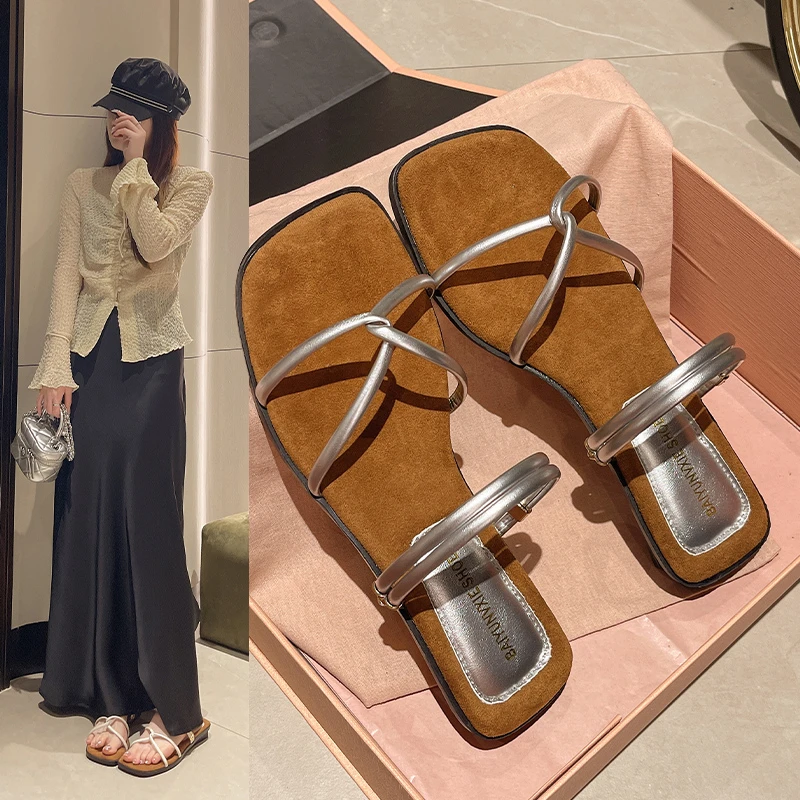 Moda de verano, zapatillas con punta abierta y punta cuadrada para mujer, Sandalias elegantes de tacón alto con correa estrecha, sandalias para mujer para vacaciones en la playa al aire libre