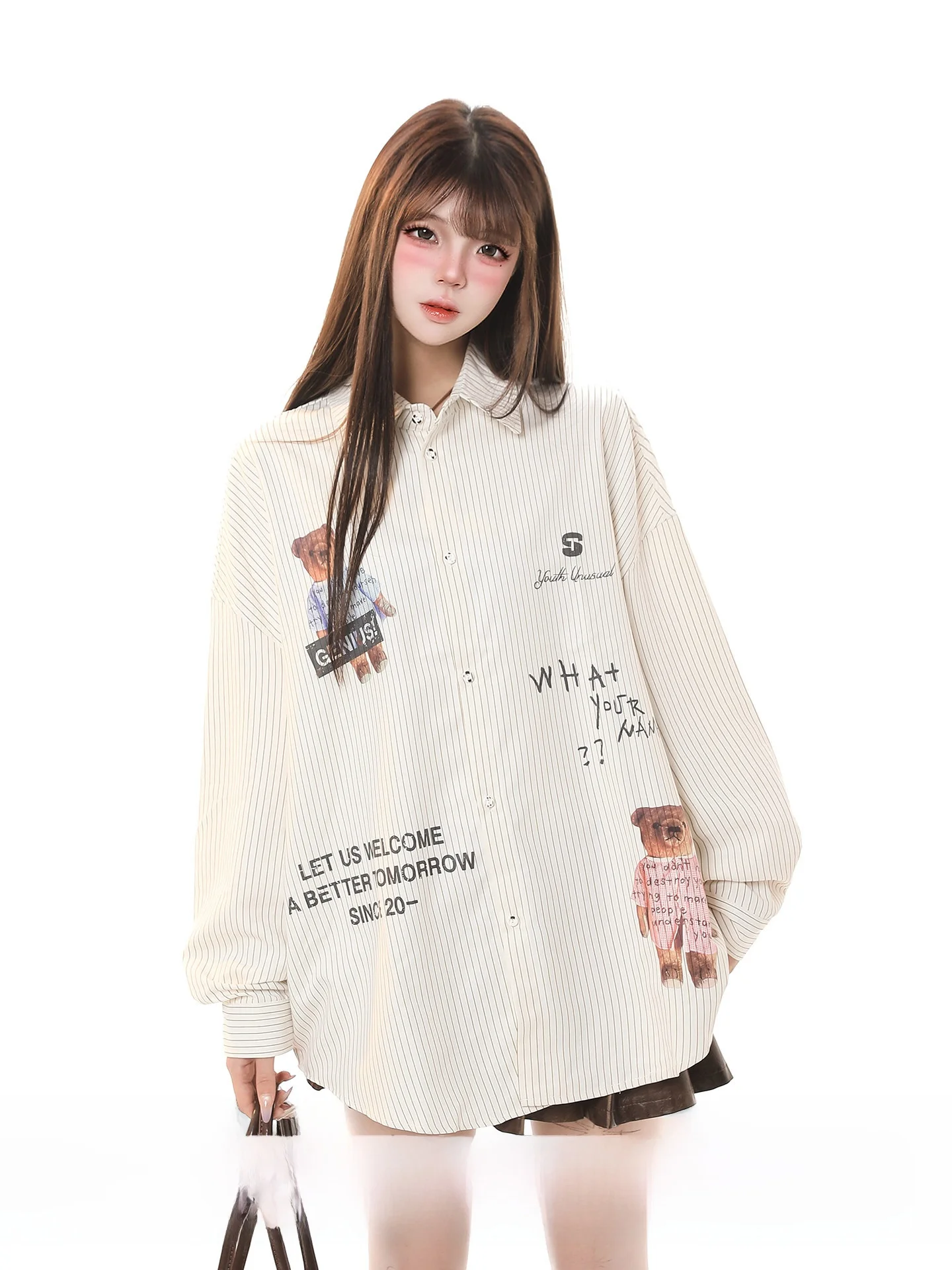 

Женская рубашка с длинными рукавами и вертикальными полосками с принтом мультяшного медведя, новая весенняя свободная повседневная верхняя одежда в забавном детском стиле