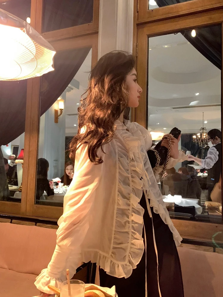 

Retro Romantic Holiday White irt V-Ne Pleated Tie Front Straight Cut Long Sve Women's Faion Summer UV Protection