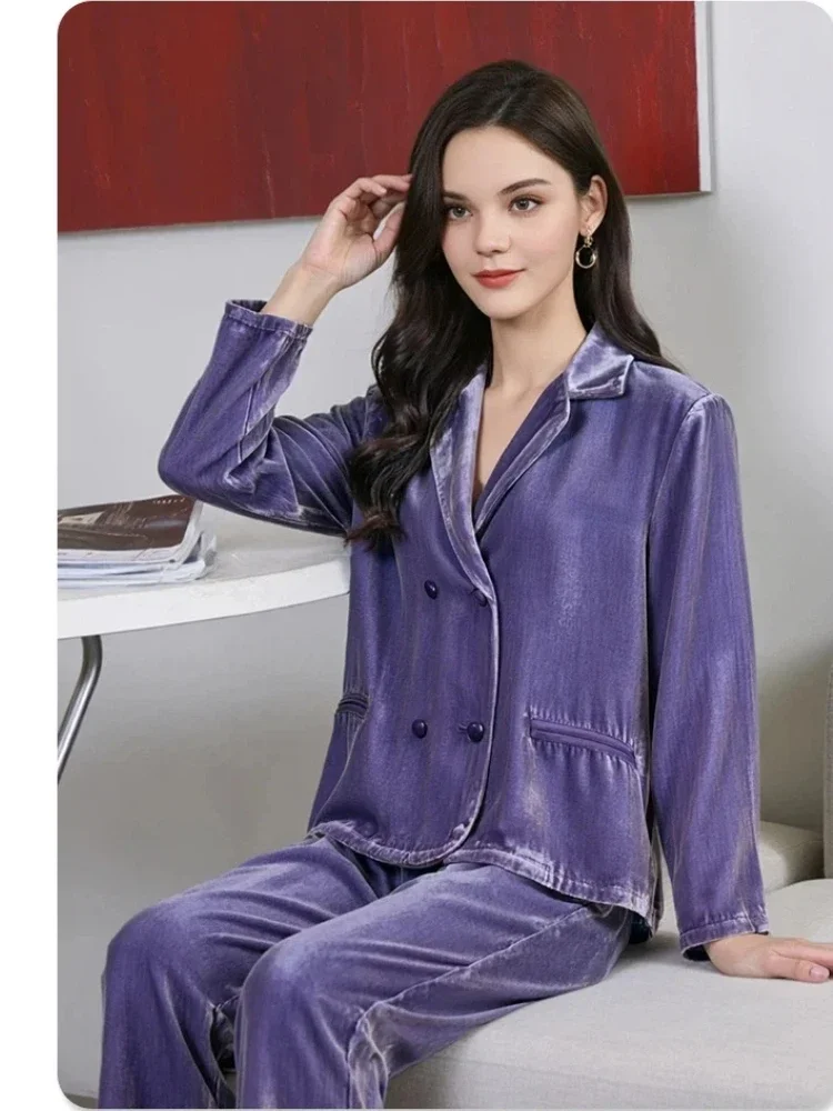 

Роскошный шелковый пижамный комплект из плотного шелка, плюшевые шелковые бархатные женские пижамы, одежда для дома, элегантная уютная одежда для сна, зимняя коллекция