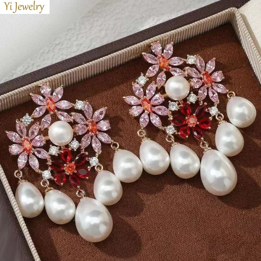 

Pink Blue White Zircon Flower Earrings for Women Elegant Wedding Party Jewelry Imitation Pearls Dangle Earrings Female Gift