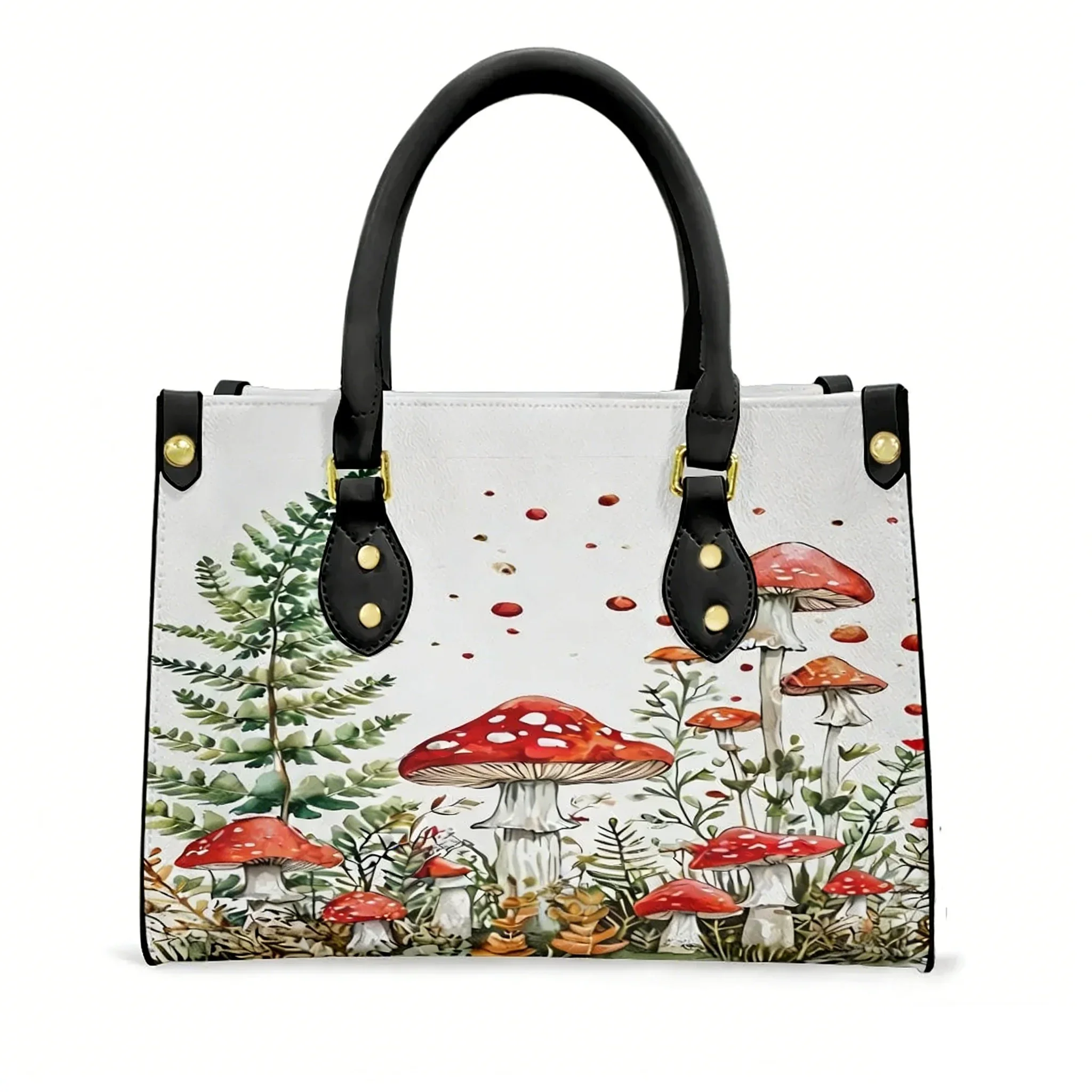 Cute Mushroom Print Tote Bag Purse Womens Mens Personalized Text Image PU Leather Handbag Business Shopping Gift Bags