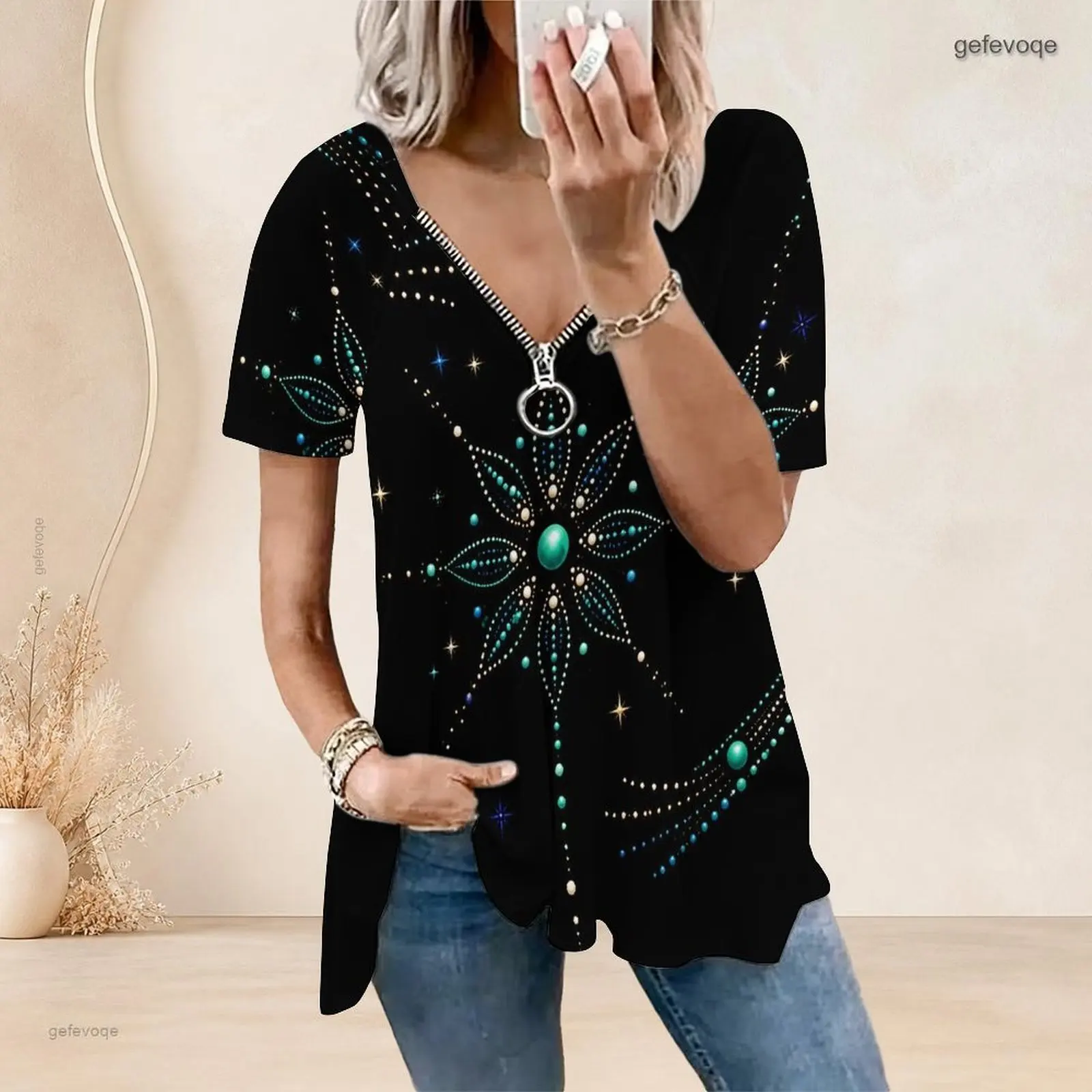 Women Printed Top V Neck Ring Zip Short Sleeve Curved Hem Loose Fit