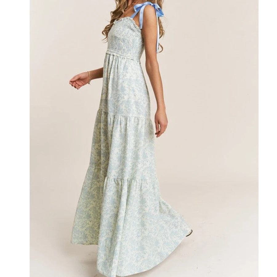 ผู้หญิงชายหาดดอกไม้ Tie ชุดไหล่ Smocked Sweetheart คอแขนกุด A-Line ยาวฉัตร Ruffle Dress