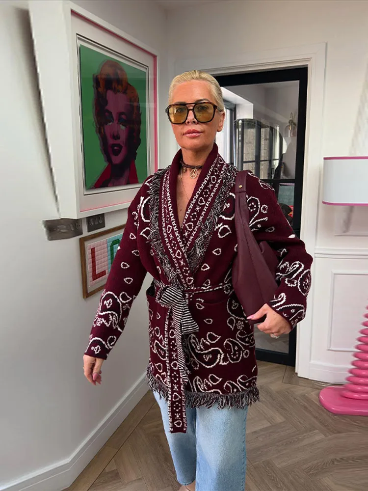 

Boho Women's Knit Cardigans Sweater Coat Jacquard Belted Long Sleeve Outerwear Tops Female 2026 Spring New Lady Elegant Knitwear