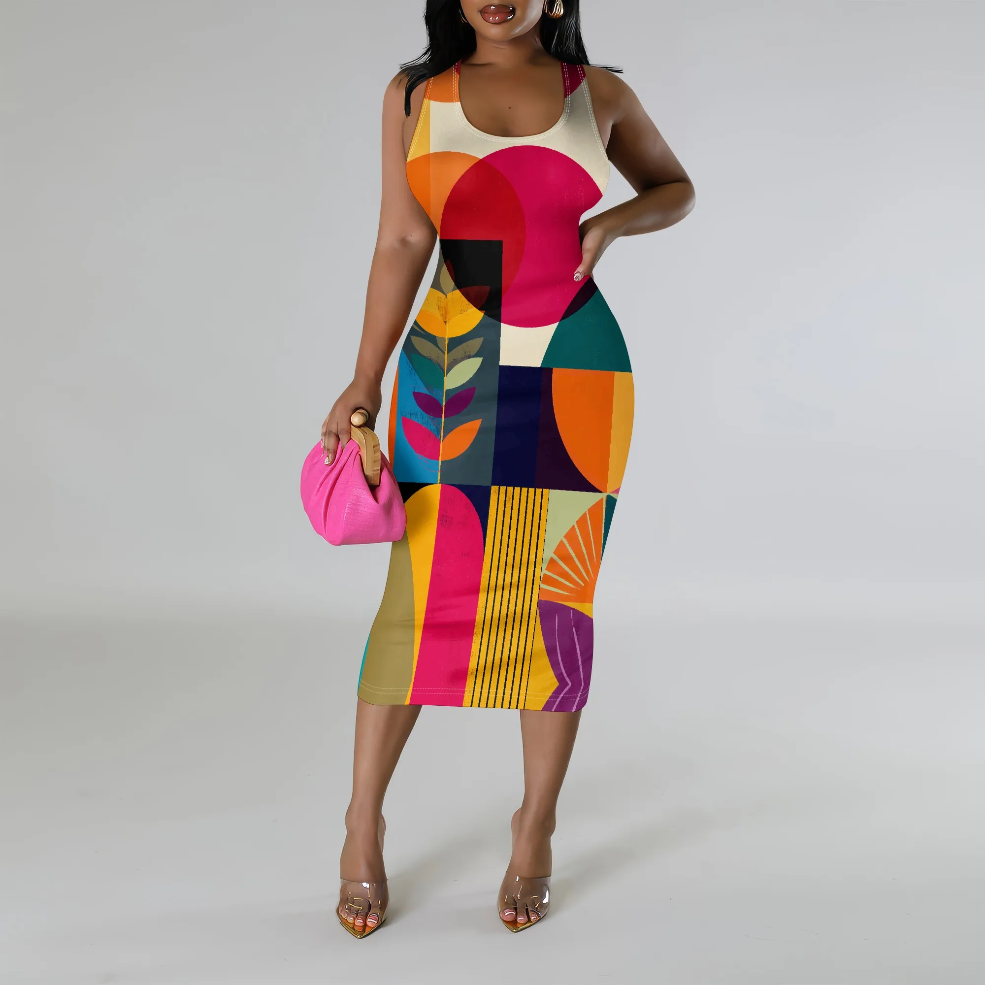 

Sleeveless Color Block Bodycon Dress with Geometric & Floral Print, S-3XL – Perfect for Summer Outings & Weekend Getaways