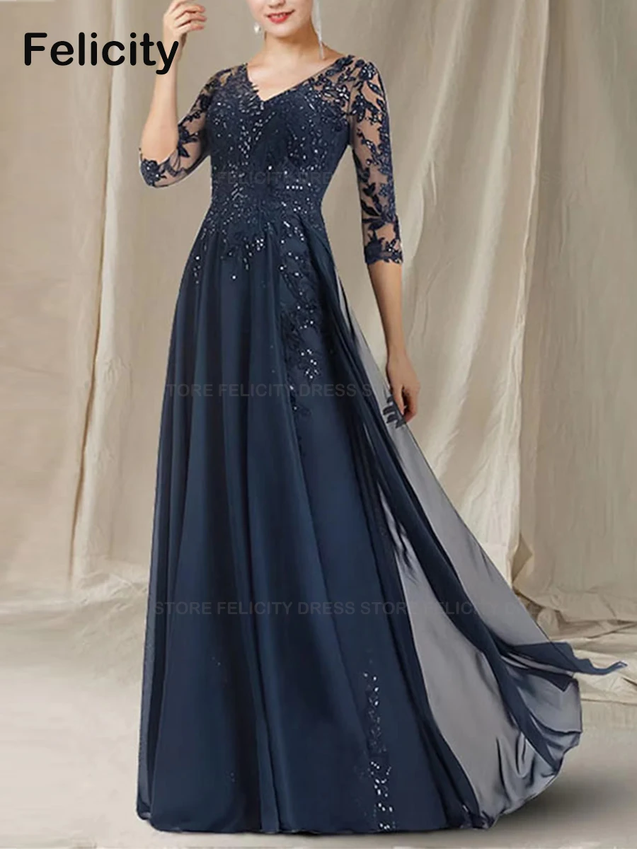 

Classic Mother of the Bride Dress 2023 A-Line V-Neck Formal Wedding Guest Dresses Appliques Lace Sequin Long Evening Party Gowns