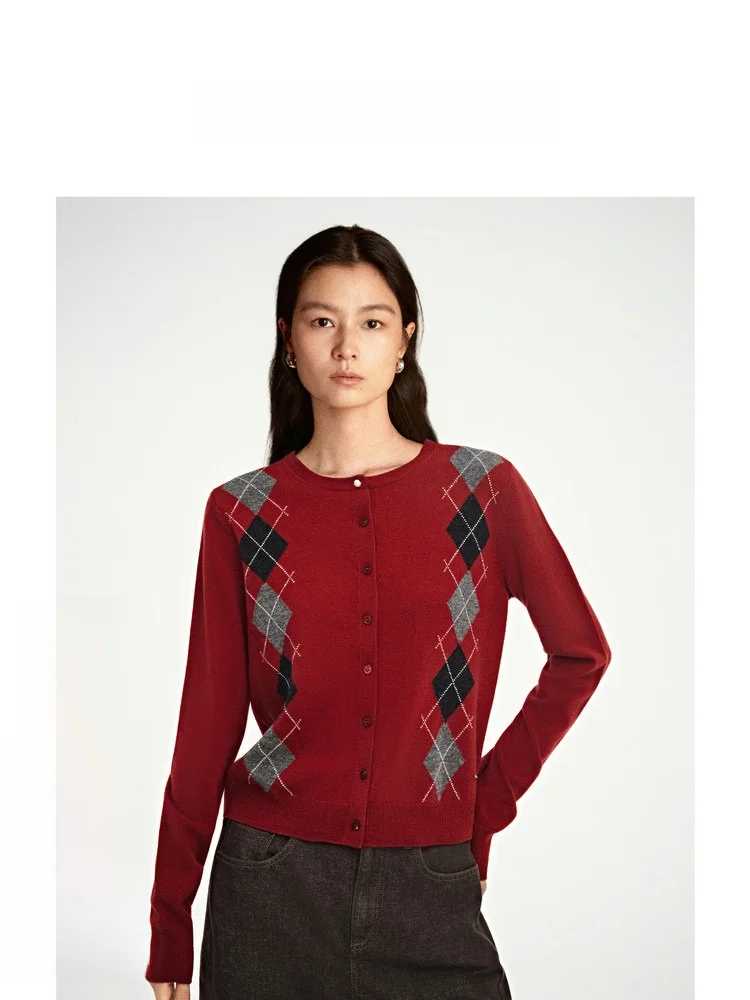 

Good Lu Red Retro College Sle Diamond Pattern Wool Knitted Sweater Zhizhi Spring New Arrival