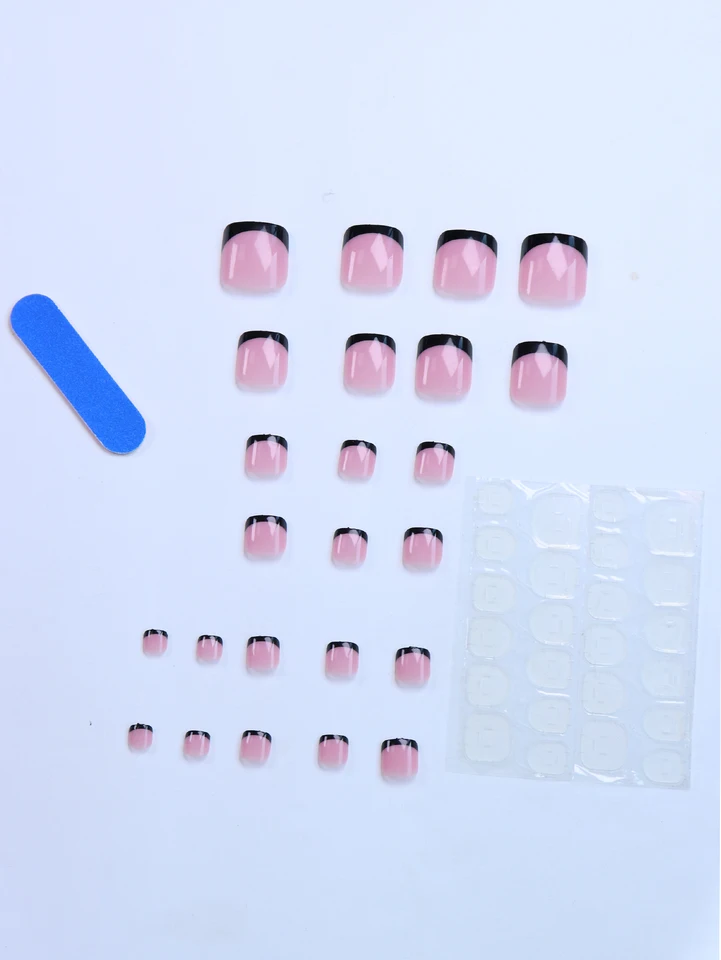 48 piezas uñas postizas para pies francesas con borde negro, brillantes, nude, para mujer 3