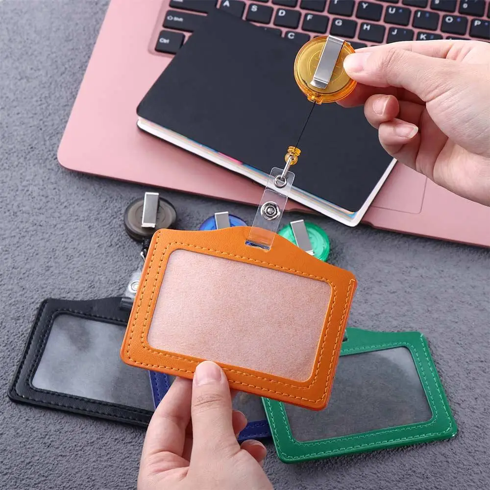Candy Colors PU Leather Card Holder Clip Horizon Style Name Card Holder ID Badge Holder Retractable Badge Reels Nurse Doctor