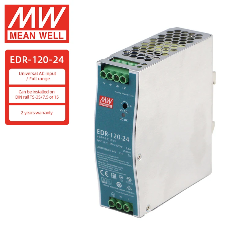 MEAN WELL DIN RAIL EDR-120-24 Power Supply AC-DC Single Output Industrial 12V 24V 48V Power Supply for Industrial Control System