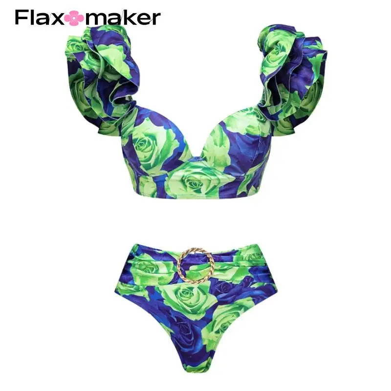 

FLAXMAKER Ruffle High-waisted Bikini Swimsuit One Piece Floral Women Swimwear Push Up Bathing Suit Monokini