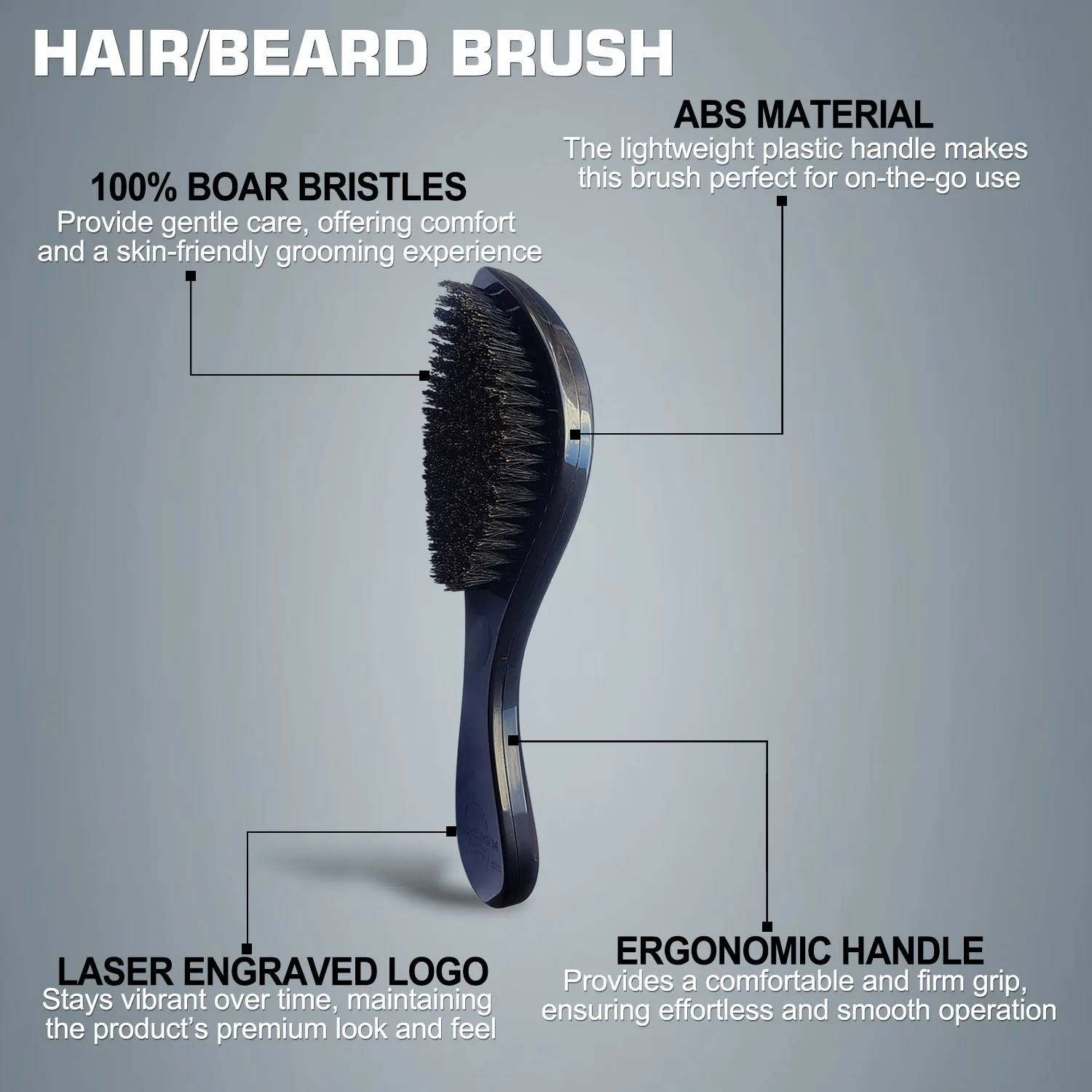 فرشاة اللحية السوداء من Gracemen - فرشاة شعر مموجة 360 درجة للرجال، شعيرات خنزير ناعمة بنسبة 100% بمقبض ABS #2