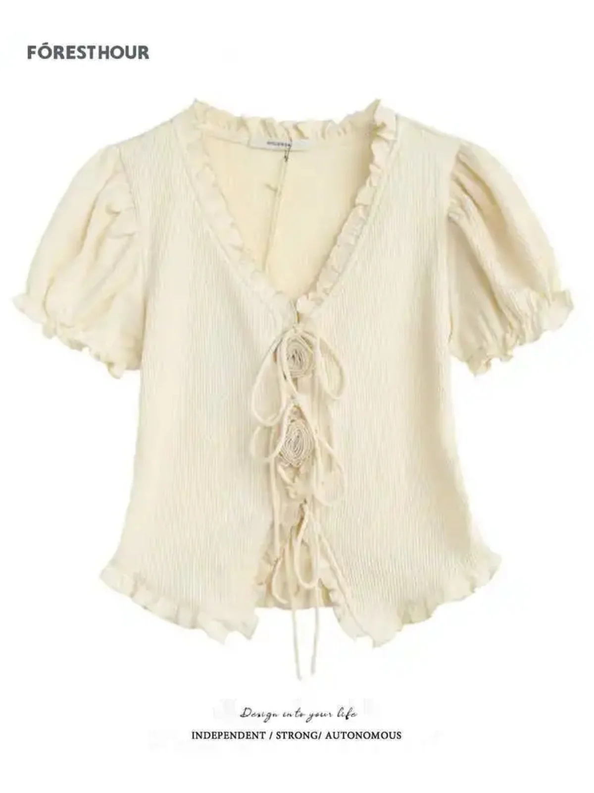 

Rose Knot ort Sve T-irt Women's Summer New Pure Desire Small Design Bubble Sve High Waist Commute Sle