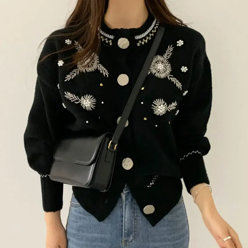 Neploe French Vintage Clothing Female Round Neck Heavy Beaded Embroidered Floral Knitted Cardigan 2024 Autumn Sweater Jacket