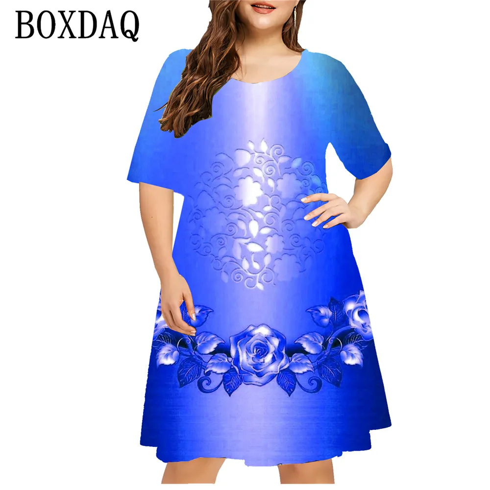 6XL 2024 Plus Size Dresses Summer Women Flower 3D Print Dress Loose Sundress Casual Fashion O-Neck Short Sleeve Mini Party Dress