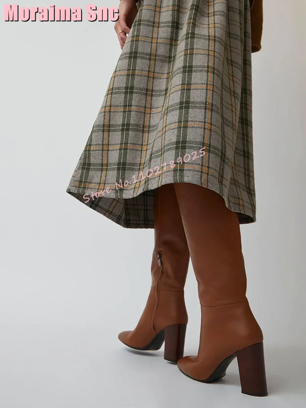 Fashion Pointed Toe Plain Brown Knee High Boots Block High Heel Side Zipper Sexy Fashion Concise Women\'s Long Boots Autumn 2024