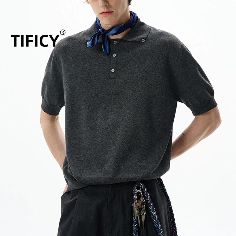 

High Street Retro Minimalist Polo Collar Cool Knit Short Sleeved T-shirt Men and Women Loose Casual Couple Tshirts Top