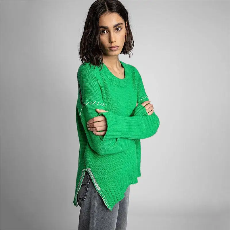 Zadig Women Fashion Sweater Fashion Green Embroidered Cotton Knitwear Female Cashmere Crew Neck Long Sleeve Winter Knitwear Tops