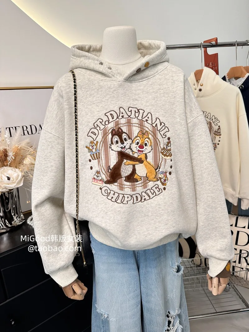 الثقيلة التطريز الكرتون نمط مزدوجة الأكمام تصميم فضفاض مقنعين الصوف سميكة البلوز الشتاء البلوز هوديس السيدات