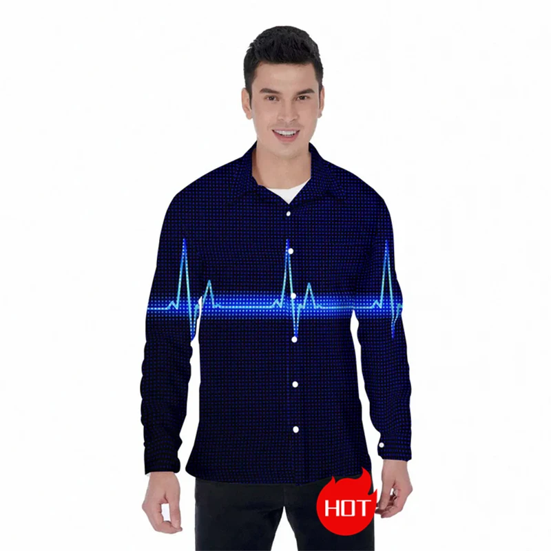 

Cardiogram Graphic Long Sleeve Shirts For Men Clothes Spring And Autumn Heartbeat 3D Print Button Clothing Funny Male Streetwear