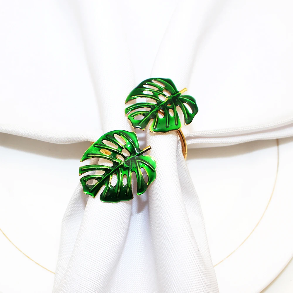 50Pcs Tropical Napkin Rings Metal Palm Leaves Napkin Holder for Christmas Wedding Birthday Home Party Dinner Table Decor (Green)