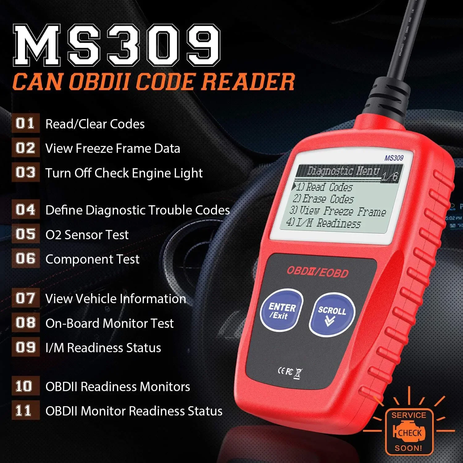 MS309 Automotive Trouble Code Reader Accurate engine diagnostic tool scanner checks engine light and emission monitoring status