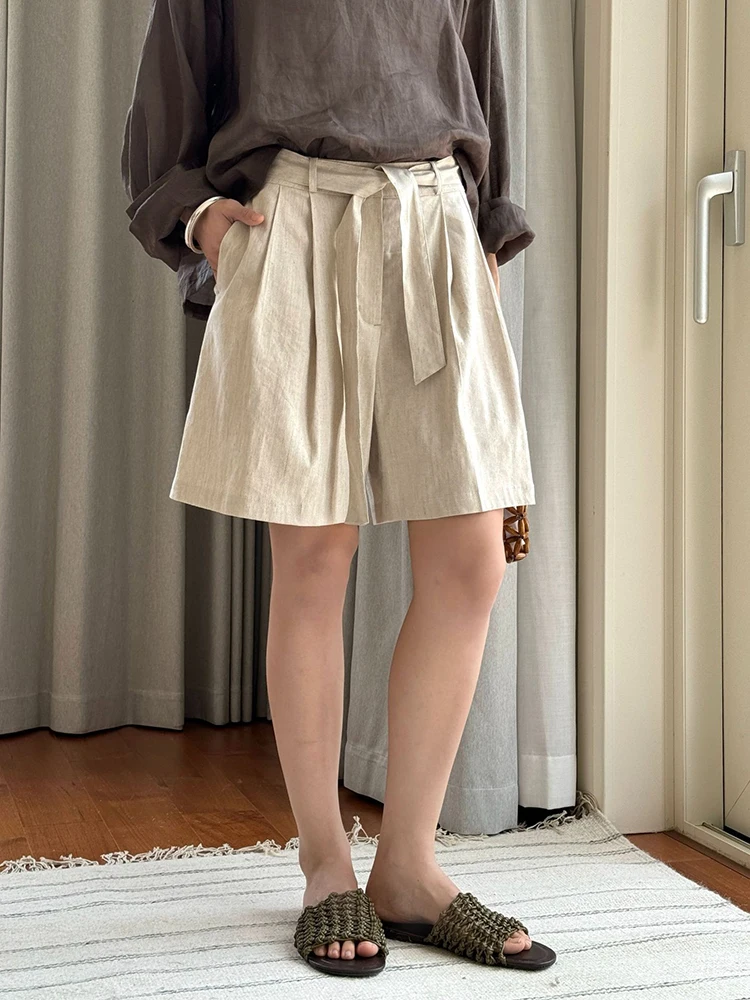 Fanan casual linho protetor solar shorts para mulheres cinto sólido reunido cintura reta roupas soltas moda feminina 2025 verão novo