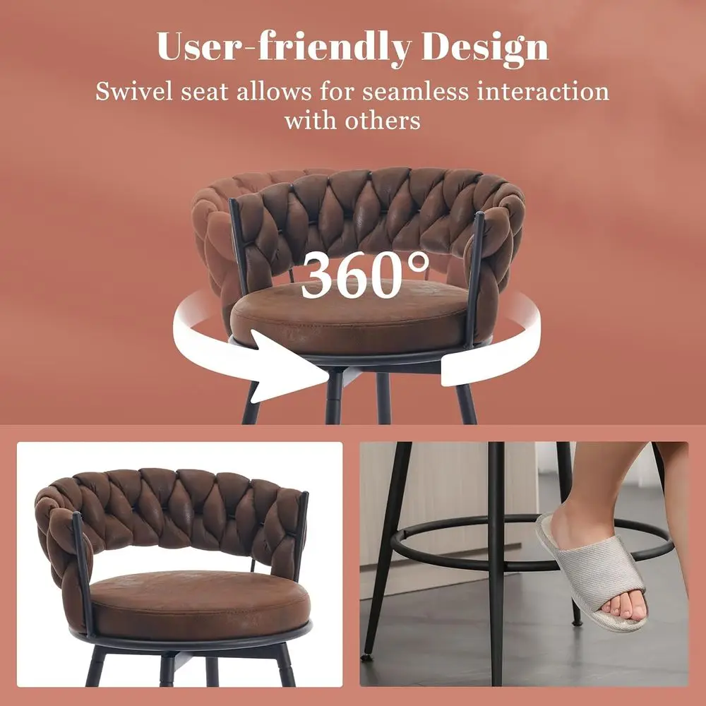 เก้าอี้บาร์หมุนได้ 3 ชิ้น 24 นิ้ว พร้อมพนักพิงทอและเบาะหนังกลับ โครงโลหะและที่วางเท้า เหมาะสำหรับห้องครัว I