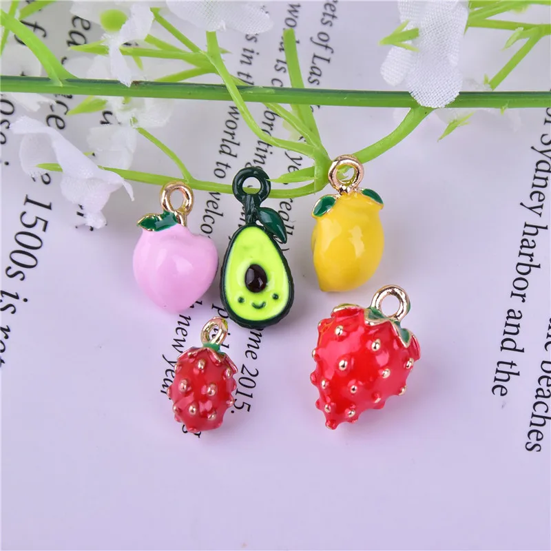 3D Style! 10pcs  Fruit Lemon Beach Strawberry Avocado Enamel Metal Charms Pendant  for DIY Earring  Keychain Jewelry Making