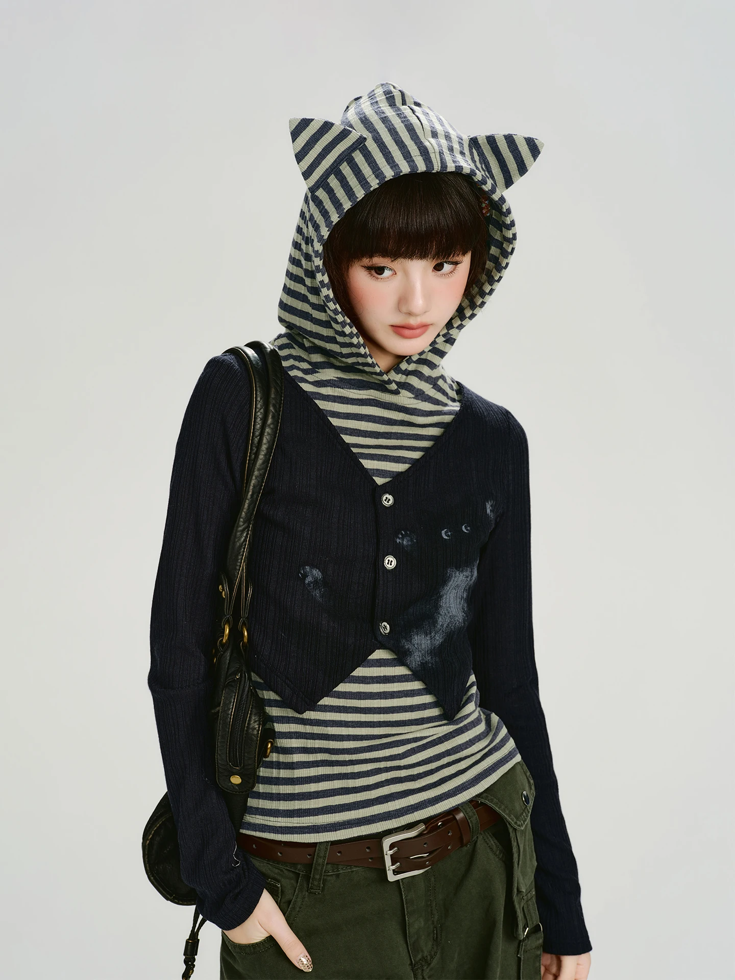 

Женский кардиган в американском ретро-стиле с полосками, имитация двухслойности, с капюшоном, весенняя новинка, повседневный топ с длинными рукавами