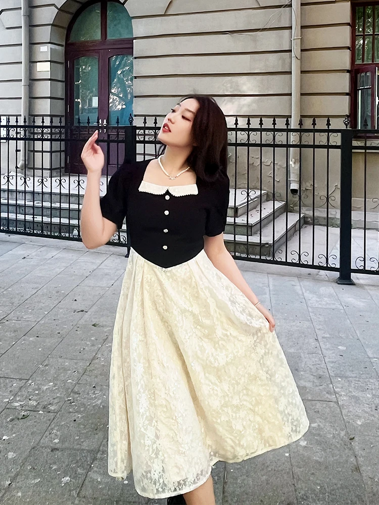 

Summer New plus Size Women's Dr Square Collar Lace Splice Bubble Sve High Waist A-Line Midi Dr Casual Vintage Sle