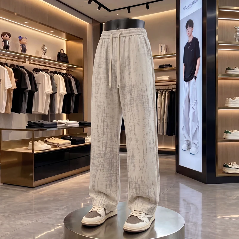 2026 Summer Men's Fashion Casual Tie-Dye Printed Vertical Stripes Casual Pants Thin Silk Pants