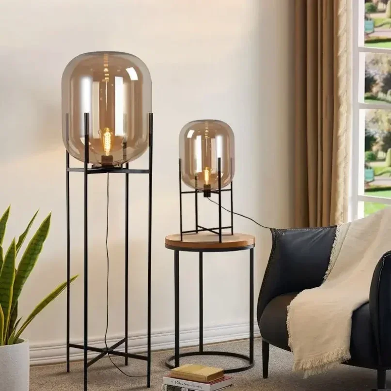 

Nordic Living Room Led Lamp Floor Home Decoration Oval Glass Lampshade Iron Bracket Designer Sofa Bedroom Lighting Bedside Table