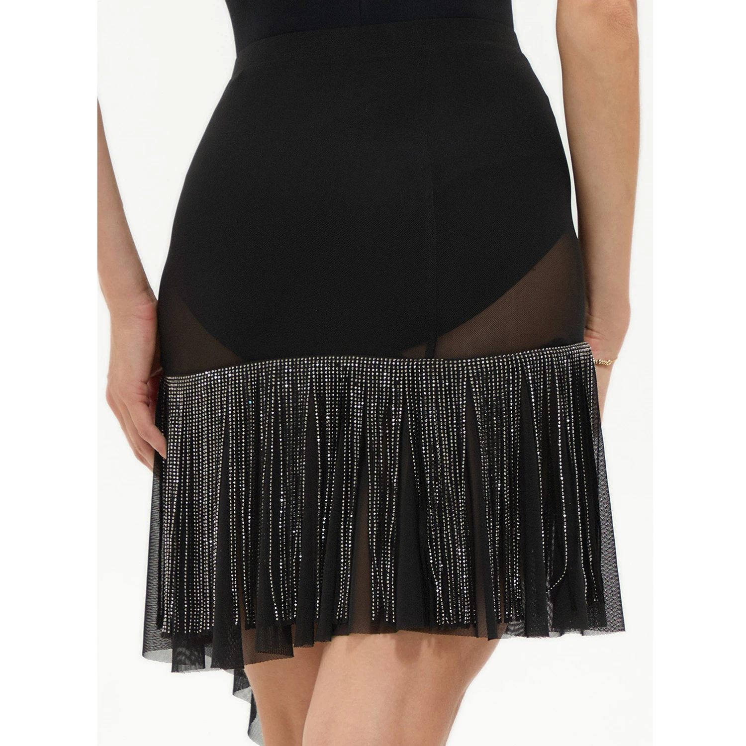 セクシーなラテンダンスの服女性メッシュトップスラインストーンフリンジスカートチャチャルンバダンスパフォーマンス衣装レースドレス DNV24741