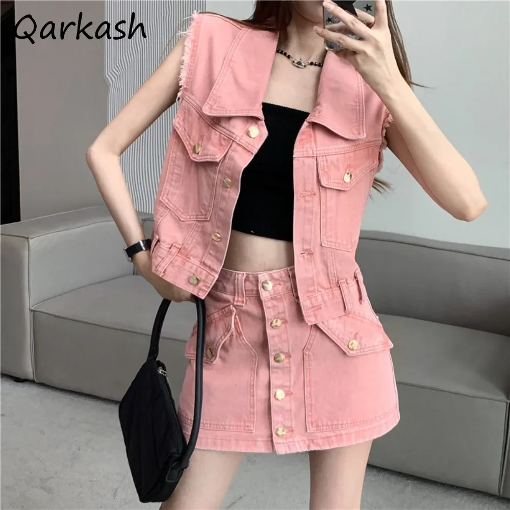 

Women Sets Denim Handsome Hip Hop High Street Button Vest Tops Spring Young Pockets Shopper Fashion Popular European Style New