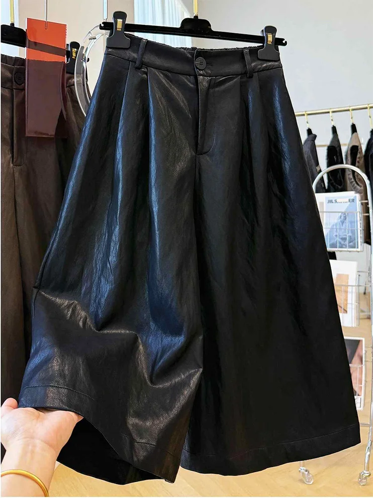 Fashionable Retro PU Leather Pants Women's Loose Wide Leg Casual Seven-Footed Boots Pants Spring Autumn Seasonal plus Size