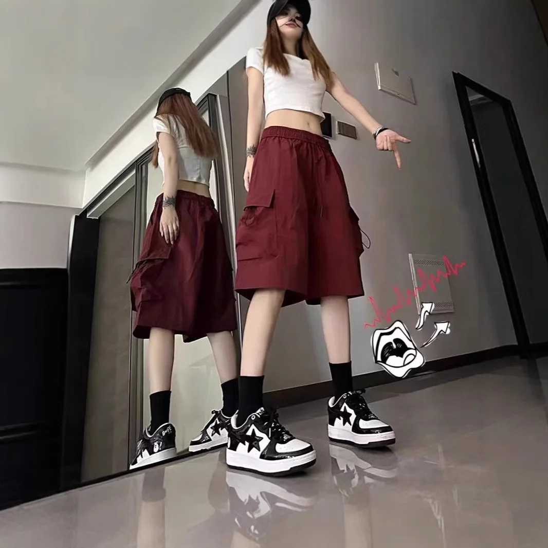 Shorts décontractés pour femmes, couleur vin rouge, été, coupe large, séchage rapide, style américain