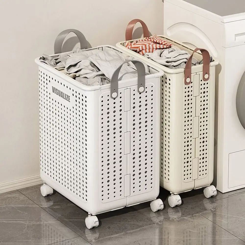 

Plastic Wheeled Folding Laundry Basket Space Saving Ventilated Narrow Seam Clothes Storage Baskets Large Capacity with Wheels