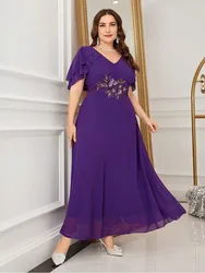 Plus Size V Neck Chiffon Applique Wedding Bridesmaid Evening Dress 4XL5XL Big Size Floor Standing Women's Dress